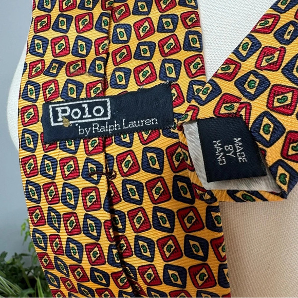 Polo Ralph Lauren Silk Tie Handmade in USA Gold Navy Red Geometric Paisley 3.5” - Picture 4 of 4